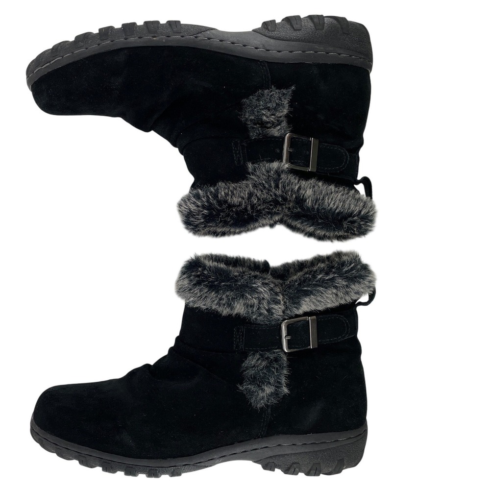 Khombu Winter Boots Women 9 Black Suede Leather Faux Fur Trim Buckle Lug Sole